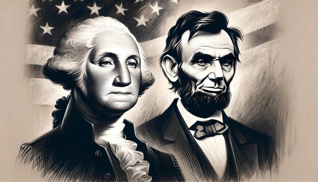 Ilustração para o Dia dos Presidentes com retratos de George Washington e Abraham Lincoln