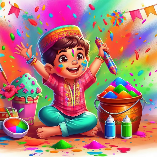 Ilustração para o festival Holi com criança feliz e pó colorido Você também pode gostar de ai generaed