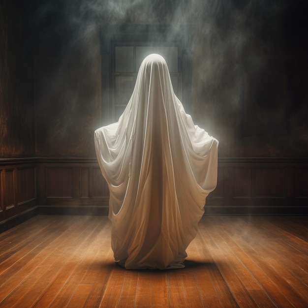 Foto ilustração para o halloween um fantasma vestido com uma fantasia branca em pé sobre um piso de madeira no estilo de laranja claro e cinza escuro generative ai