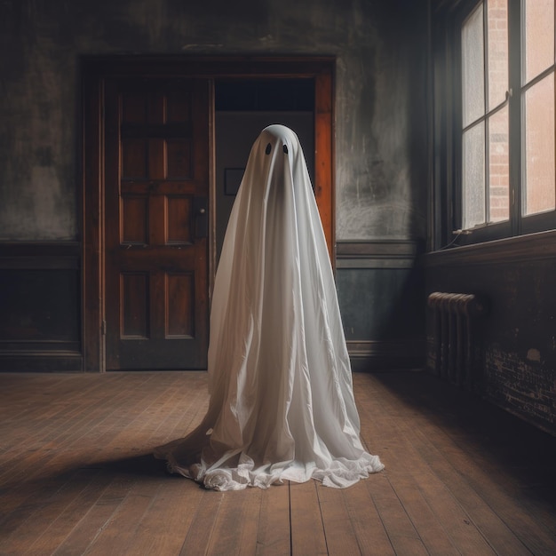 Ilustração para o Halloween Um fantasma vestido com uma fantasia branca em pé sobre um piso de madeira no estilo de laranja claro e cinza escuro Generative AI