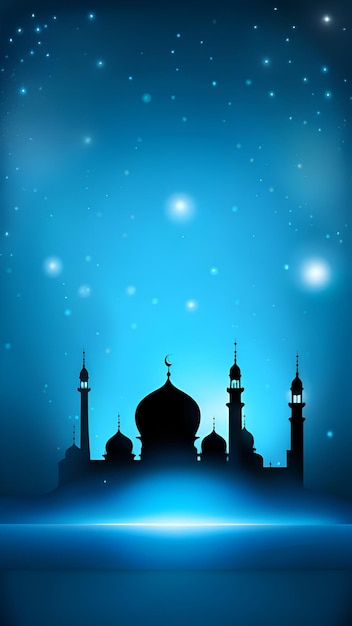 Foto ilustração para o ramadão com silhueta de mesquita em fundo azul com espaço de cópia