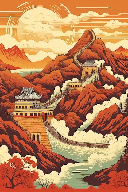 Ilustração para página de destino do site em cores pastel Paisagem chinesa natureza Generative Ai