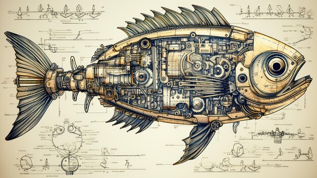 Foto ilustração peixe steampunk olhar de cartaz de papel velho