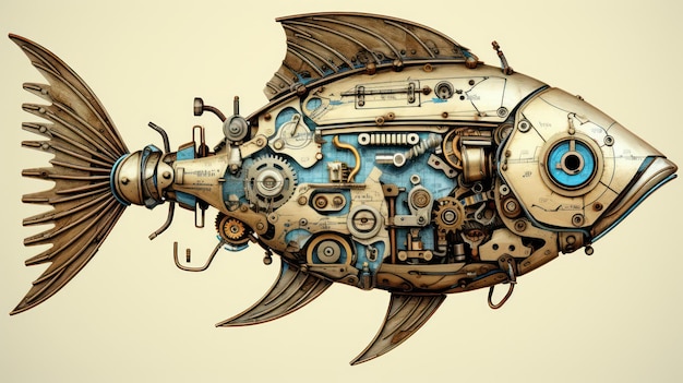 Foto ilustração peixe steampunk olhar de cartaz de papel velho