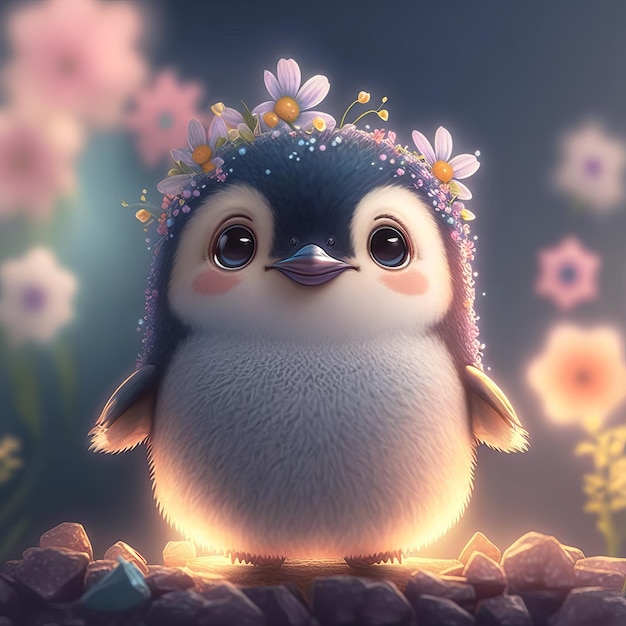 Ilustração pequeno pinguim lebre com flores estilo infantil conto de fadas Generative AIxA