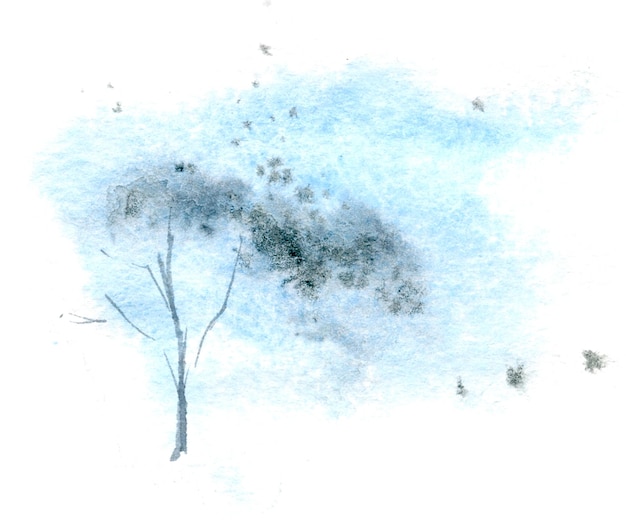 Ilustração pintada à mão em aquarela de árvore em cores azuis e cinza