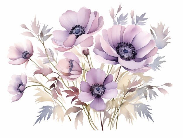 Ilustração pintada de flores de anêmonas decorativas em cores delicadas em branco