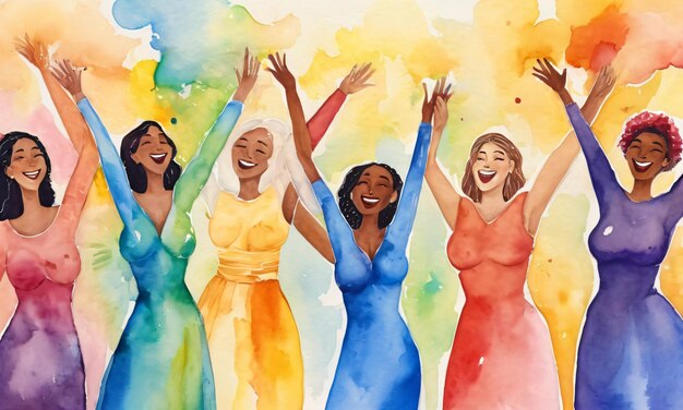 Ilustração pintada em aquarela do desfile do Orgulho, onde diversas mulheres LGBTIQA celebram o Mês do Orgalho