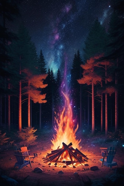ilustração pixelada de fogueira em uma floresta escura espaço colorido e galáxias visíveis no céu