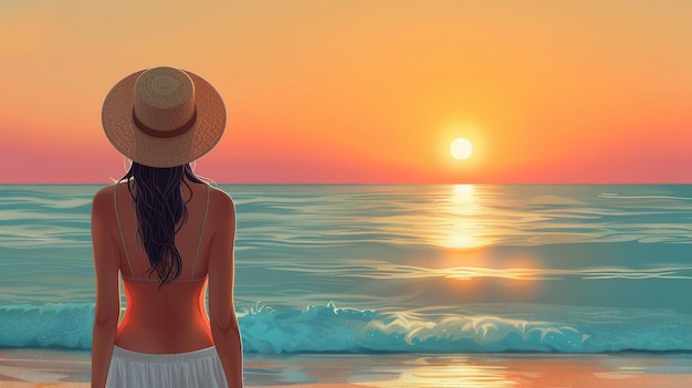Ilustração plana com uma paleta pastel de uma menina com um chapéu em férias caminhando ao longo da costa do oceano ao nascer do sol