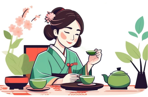 Ilustração plana da cerimônia do chá de uma menina asiática bonita sorridente segurando uma chávena de matcha tradicional japonesa