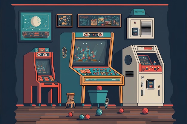 Ilustração plana da sala de videogame caça-níqueis