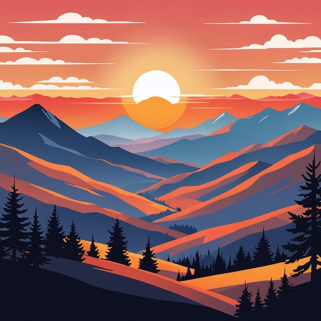 Ilustração plana da silhueta da paisagem da montanha ao pôr-do-sol