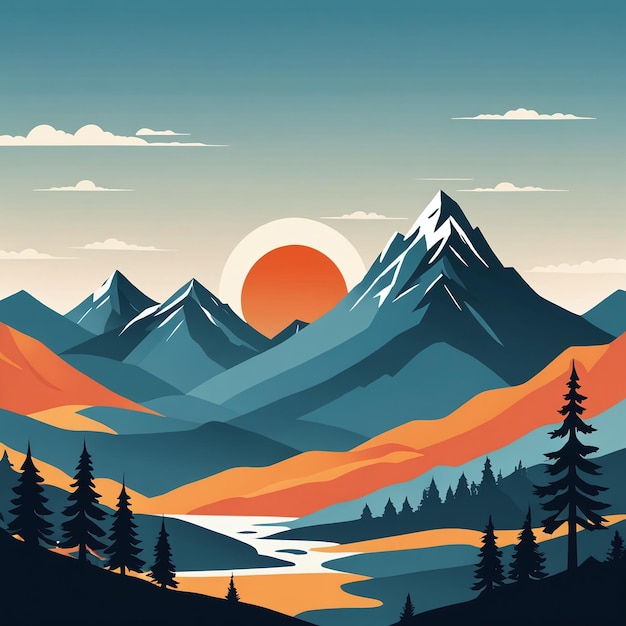 Ilustração plana da silhueta da paisagem da montanha ao pôr-do-sol