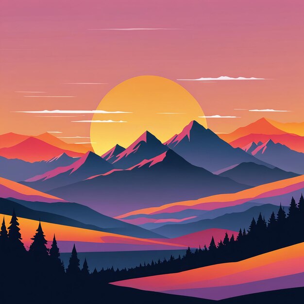Ilustração plana da silhueta da paisagem da montanha ao pôr-do-sol
