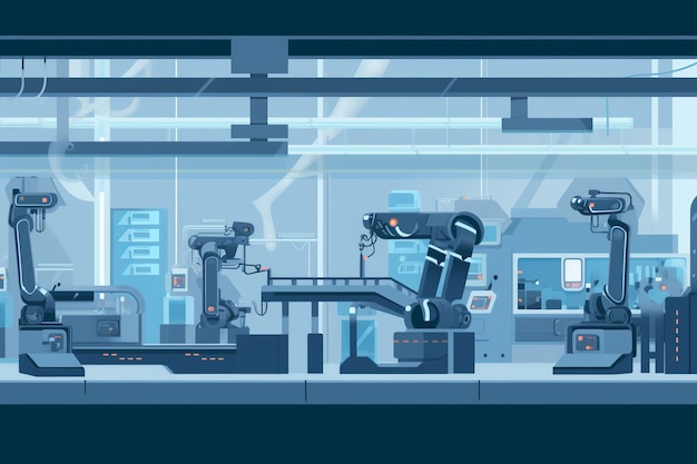 Ilustração plana de braços robóticos que montam produtos na linha de produção da Indústria 40 futurista