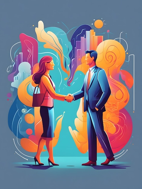 Foto ilustração plana de duas pessoas apertando as mãos com o ícone de negócios e conhecimento