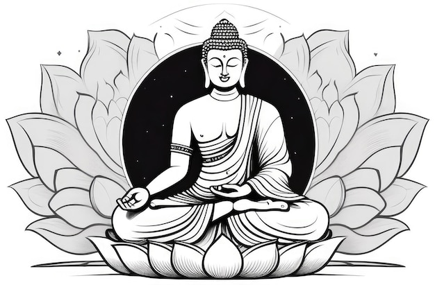 Ilustração plana de estátua de Buda em posição de lótus meditação consciência e espiritualidade