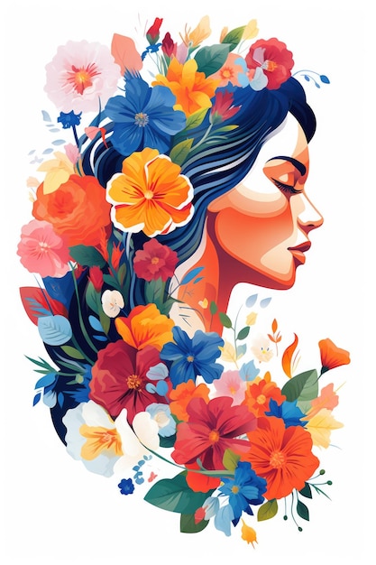 Ilustração plana de mulher com flores para o Dia da Igualdade das Mulheres ou 8 de março em fundo branco