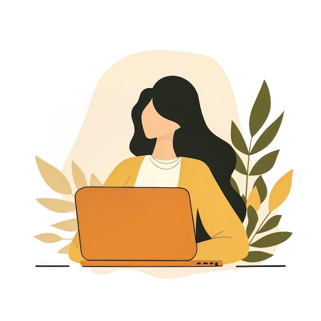 Ilustração plana de mulher trabalhando em um laptop em estilo minimalista Design de conceito de trabalho em casa