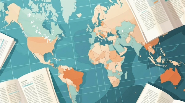 Ilustração plana de notícias globais com um jornal e um mapa do mundo simbolizando cobertura e conectividade em todo o mundo