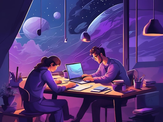 Ilustração plana de pessoas trabalhando em um laptop com ferramentas de pintura e escrita