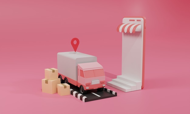 Foto ilustração plana de renderização 3d loja de compras online em aplicativos móveis e transporte de carga de caminhão de smartphone. ilustração premium