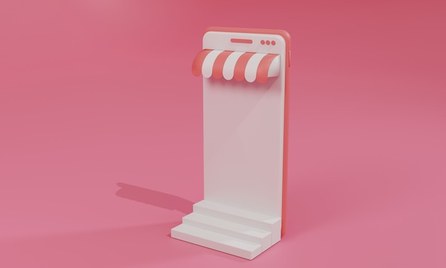 Ilustração plana de renderização 3D Loja de compras online no aplicativo móvel do smartphone. Ilustração premium