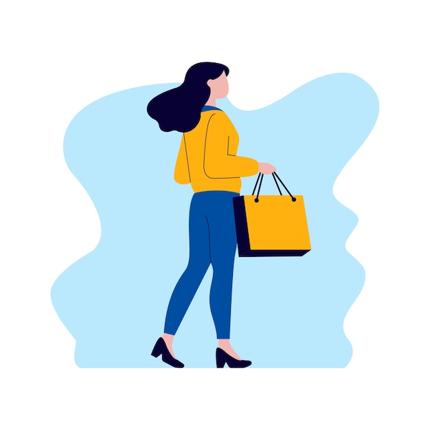 Ilustração plana de um personagem feminino bonito segurando uma bolsa de papel de compras
