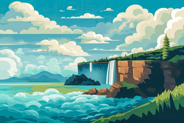 Ilustração plana de uma cachoeira com um fundo de paisagem
