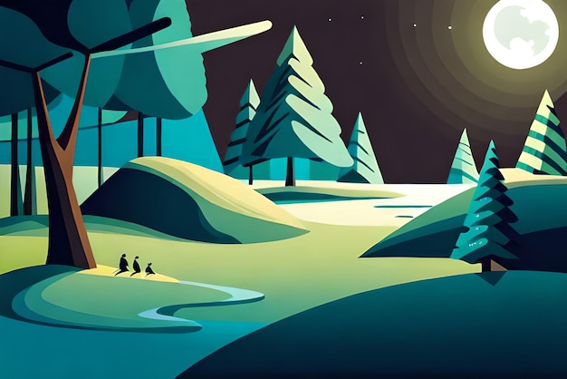 Ilustração plana de uma floresta de gelo de noite azul e luz noturna através das árvores Um momento para descansar e desfrutar da beleza da natureza