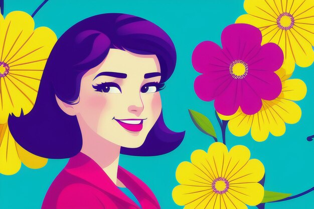 ilustração plana de uma jovem feliz para o fundo decorativo da flor do dia das mulheres