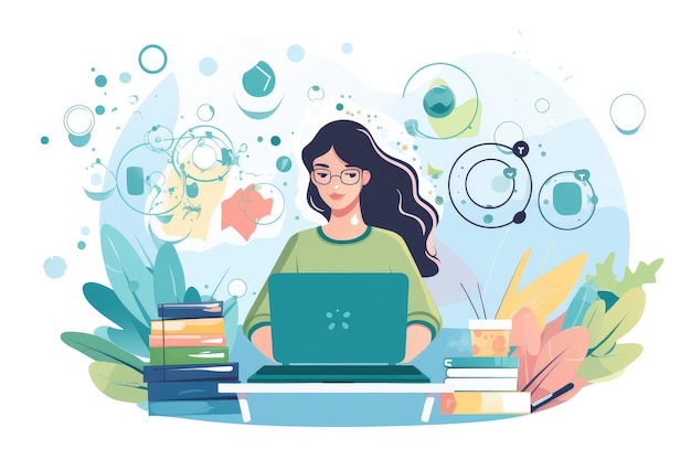 Ilustração plana de uma mulher trabalhando com um laptop