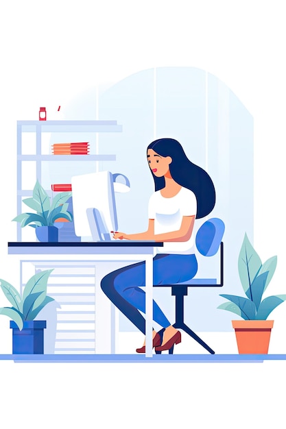 Ilustração plana de uma mulher trabalhando em um computador isolada em um fundo branco