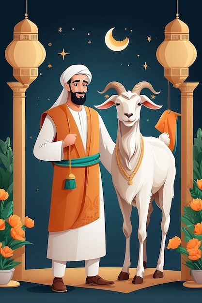 Ilustração plana do Eid alAdha com cabra e homem