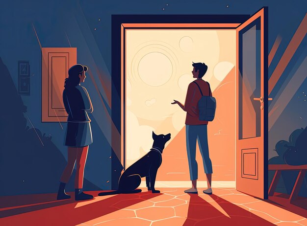 ilustração plana dos desenhos animados de mãe e filho olhando para o cachorro na porta no estilo de animação