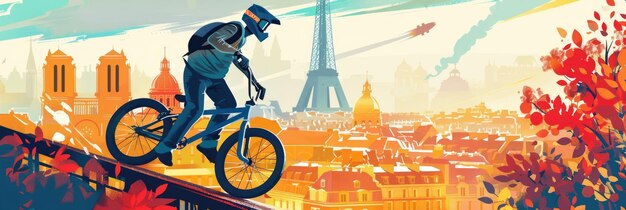 Foto ilustração plana dos jogos olímpicos de verão em paris um atleta de bmx freestyle no fundo da torre eiffel e um panorama dos pontos turísticos de paris