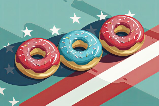 Foto ilustração plana minimalista de donuts decorados nas cores da bandeira dos eua