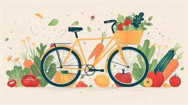 Ilustração plana minimalista de uma bicicleta com um cesto de legumes frescos