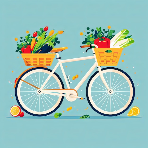 Ilustração plana minimalista de uma bicicleta com um cesto de legumes frescos