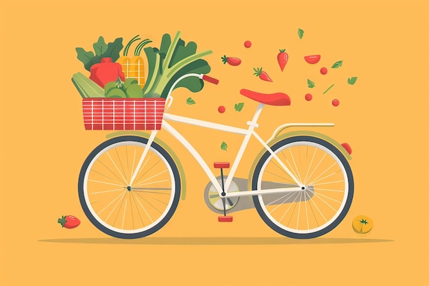 Ilustração plana minimalista de uma bicicleta com um cesto de legumes frescos