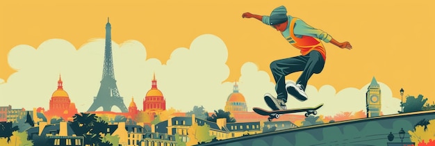 ilustração plana os Jogos Olímpicos de Verão em Paris patinação contra o fundo da Torre Eiffel e um panorama das atrações da cidade