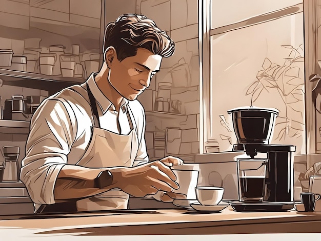 Ilustração plana um barista masculino fazendo café