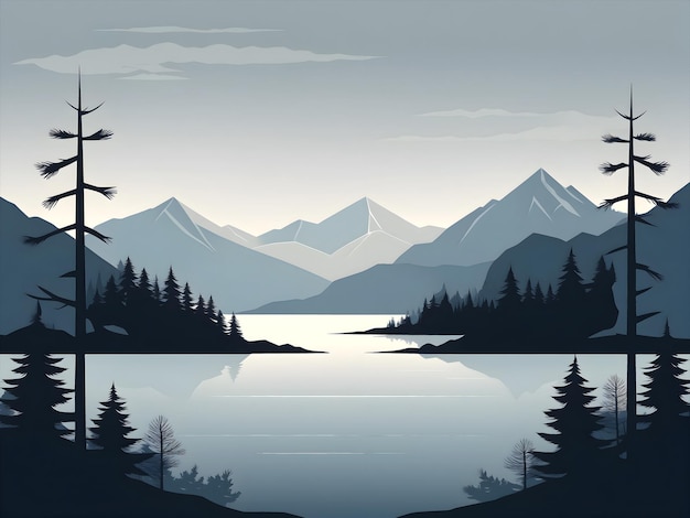 ilustração plana vetorial de uma floresta com montanhas ao fundo e um lago