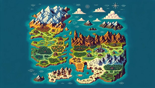 Ilustração plana vetorial em um estilo de cores de 16 bits um mapa com casas e montanhas lendárias