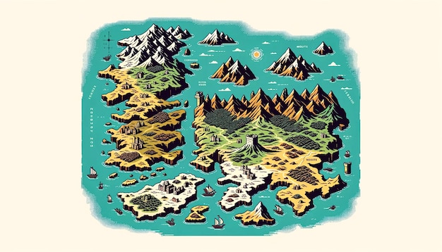 Ilustração plana vetorial em um estilo de cores de 16 bits um mapa com casas e montanhas lendárias