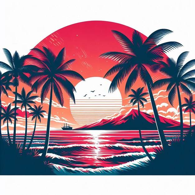 Ilustração pôr-do-sol havaiano com palmeiras branco fundo sólido queda sombra