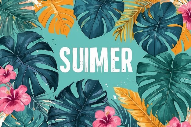 Ilustração Poster de festa de verão floral tropical com folhas de praia de palmeira monstera