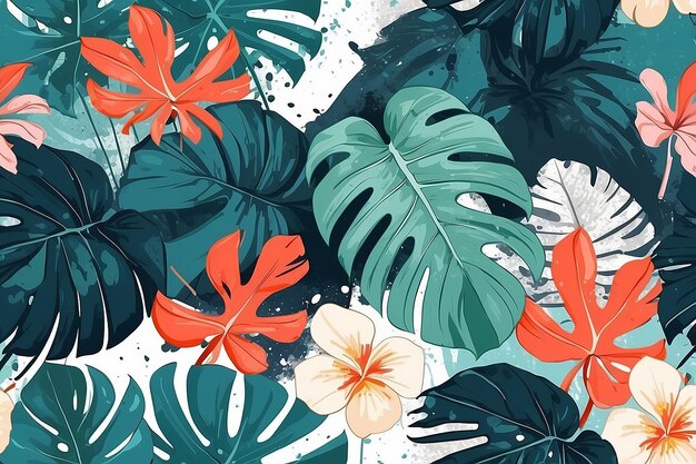 Ilustração Poster de festa de verão floral tropical com folhas de praia de palmeira monstera