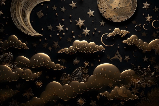 Ilustração preta e dourada do céu noturno com lua e nuvens Rede neural gerada por IA